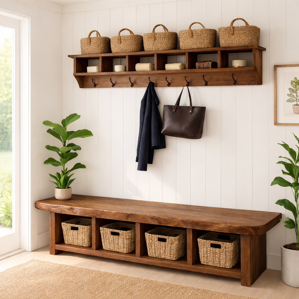 Solid Wood Entryway Bench with Storage Cubbies, Rustic Hallway Organizer Seat - view 6 of 7