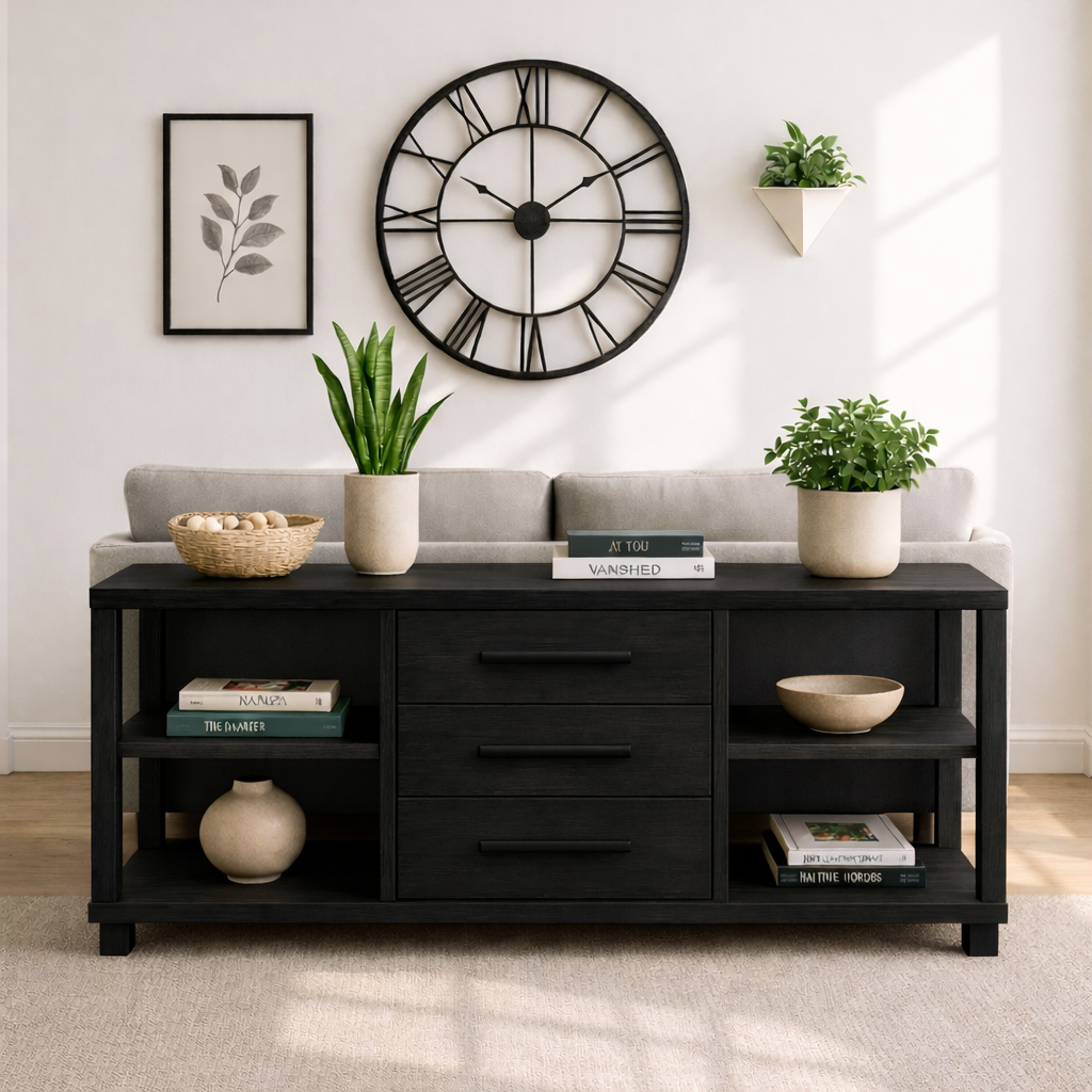 Solid Wood Console Table with Drawers and Shelves, Modern Walnut Entryway Sofa Table Storage Cabinet - view 7 of 7