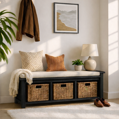 Solid Wood Entryway Bench with Woven Basket Storage, Rustic Hallway Organizer - view 7 of 7