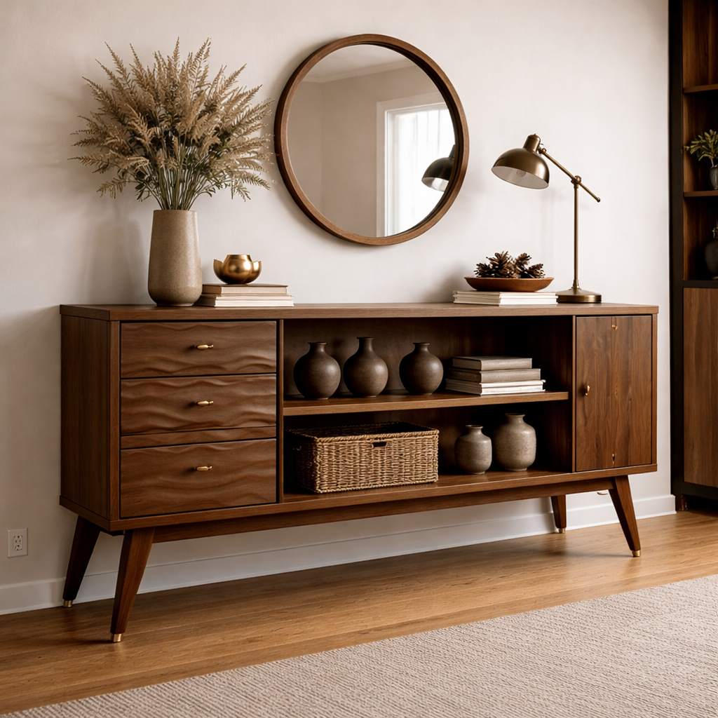 Mid-Century Modern Walnut Console Cabinet -Storage with Elegant Wave Design - view 2 of 7