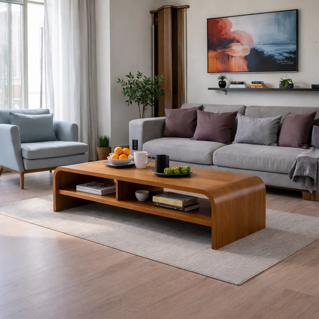 Solid Wood Waterfall Coffee Table with Open Shelf – Modern Minimalist Living Room Table - view 1 of 7