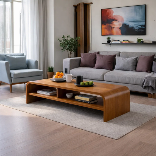 Solid Wood Waterfall Coffee Table with Open Shelf – Modern Minimalist Living Room Table - view 1 of 7
