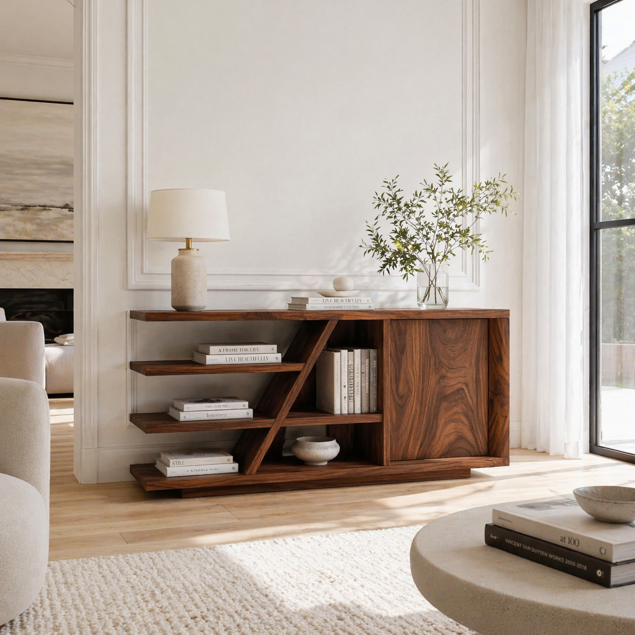 Solid Wood Console Sideboard with Open Shelves – Modern Walnut Storage Cabinet - view 2 of 7