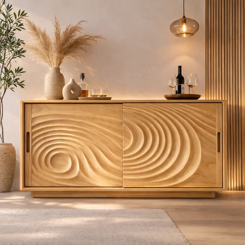 Solid Wood Console Table with Carved Wave Doors – Modern Sculptural Storage Cabinet - view 1 of 7