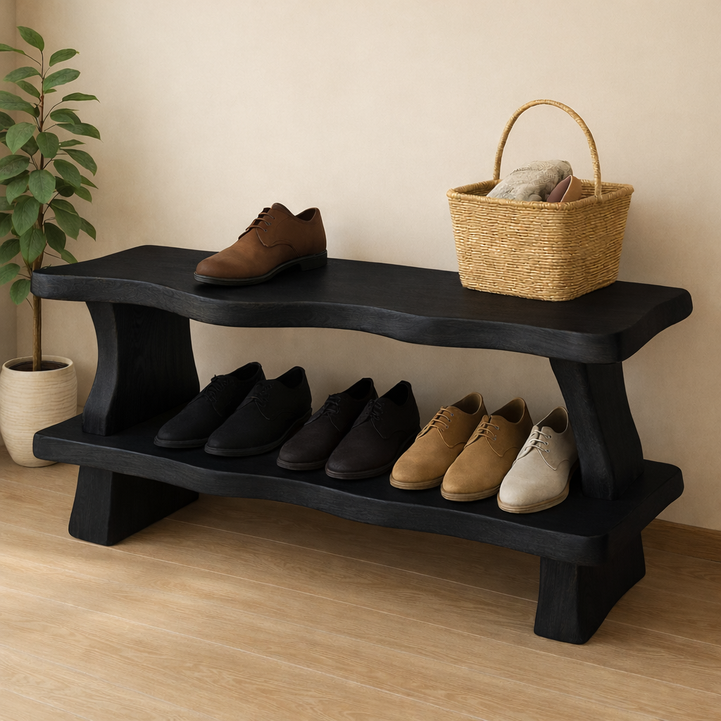 Rustic Wooden Shoe Storage Bench – Solid Wood Entryway Bench with Open Shelf - view 4 of 7