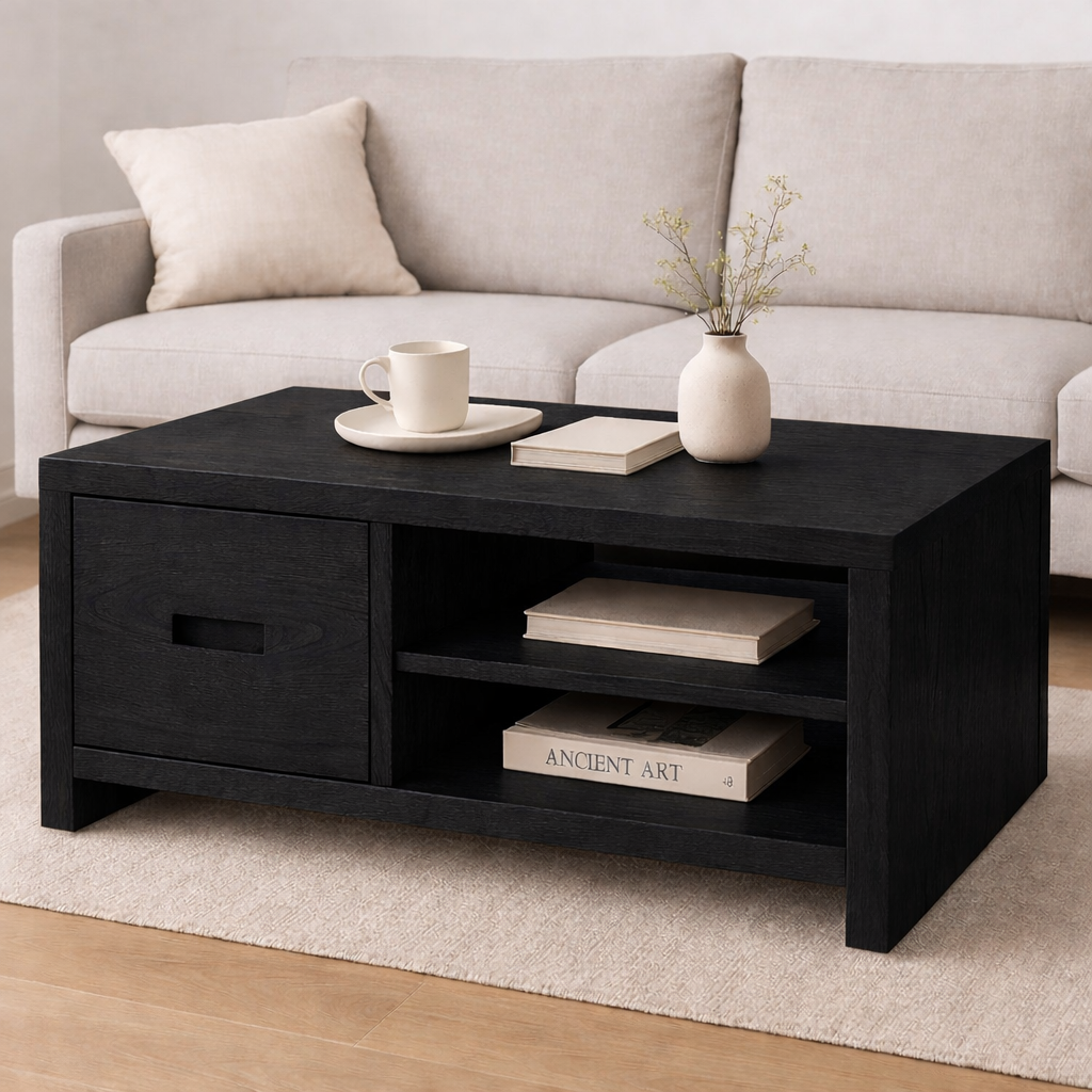 Solid Wood Coffee Table with Storage Drawer and Shelf – Modern Rustic Living Room Table - view 2 of 7