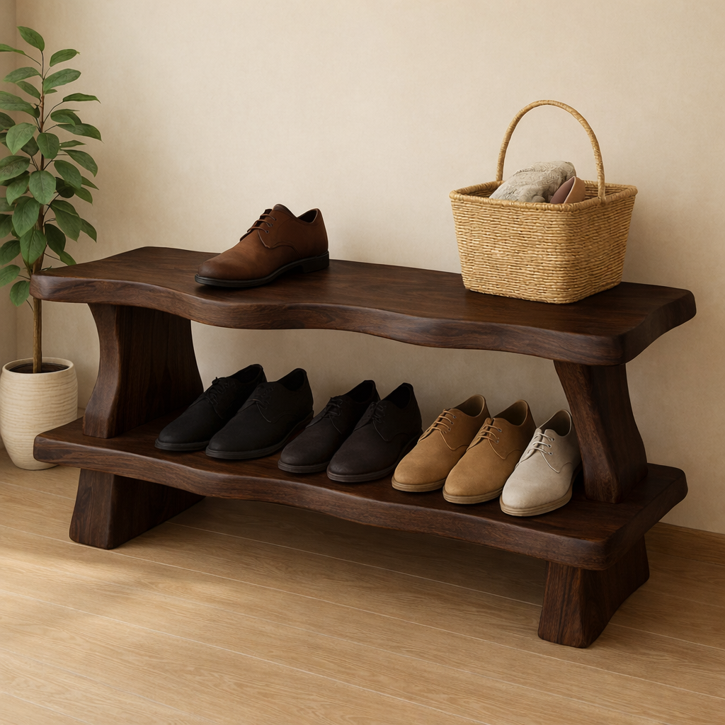 Rustic Wooden Shoe Storage Bench – Solid Wood Entryway Bench with Open Shelf - view 2 of 7