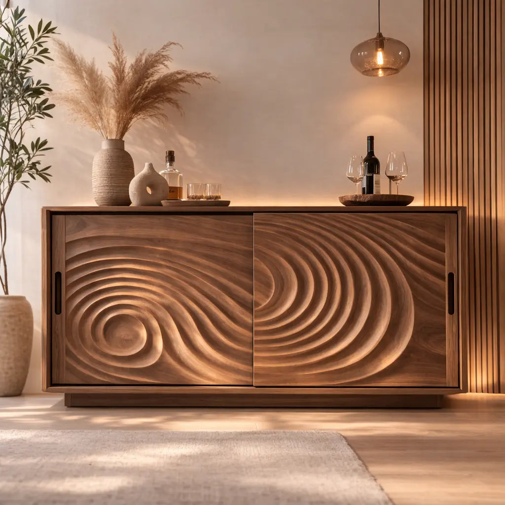 Solid Wood Console Table with Carved Wave Doors – Modern Sculptural Storage Cabinet - view 3 of 7