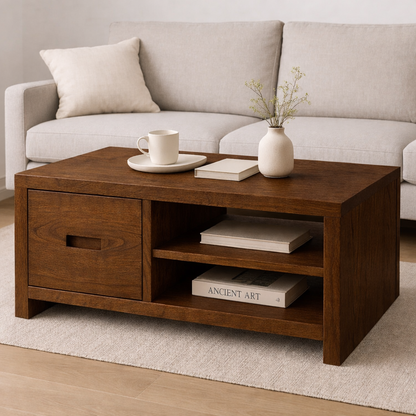 Solid Wood Coffee Table with Storage Drawer and Shelf – Modern Rustic Living Room Table - view 3 of 7