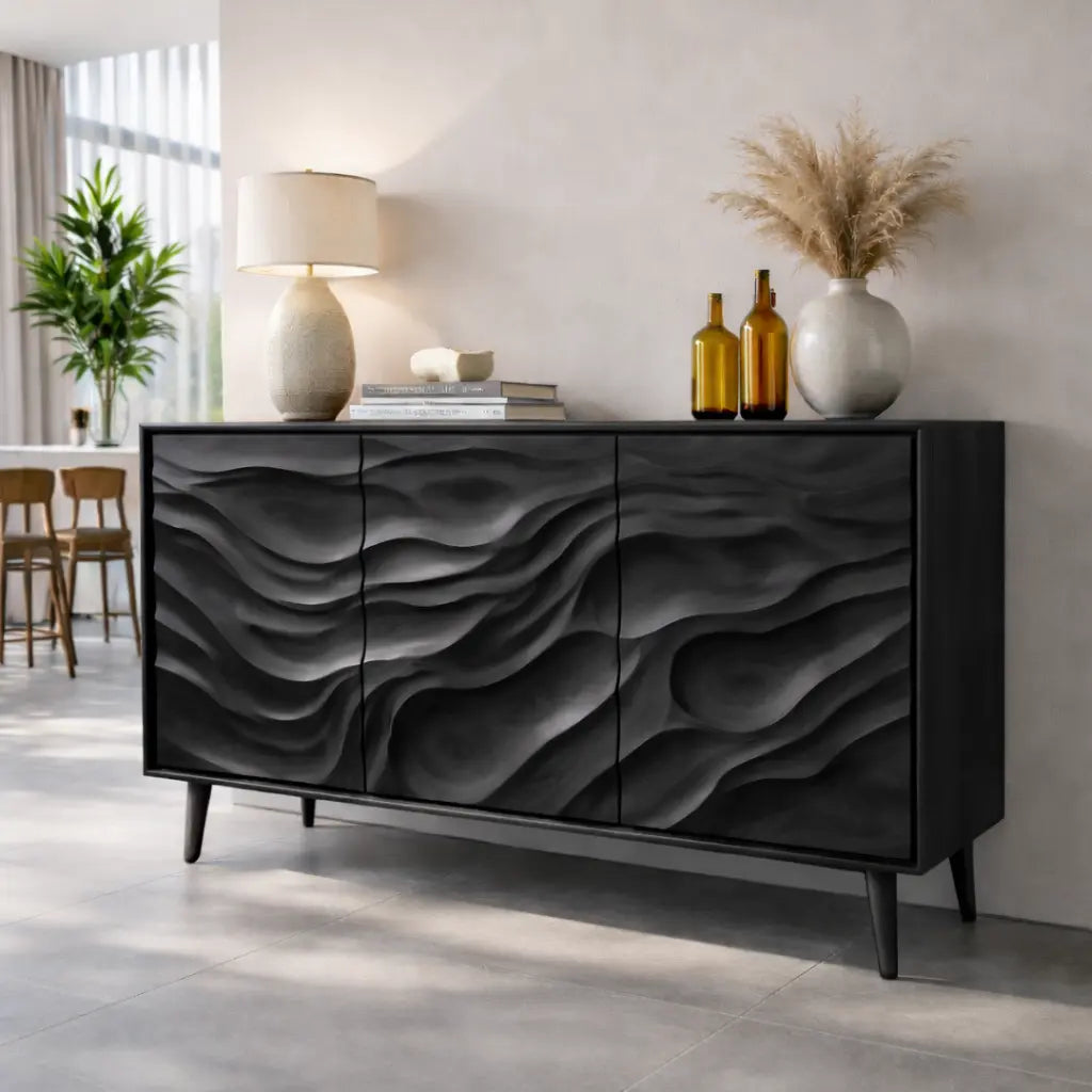 Solid Wood Console Table with Carved Wave Doors – Modern Sculptural Storage Sideboard - view 4 of 7