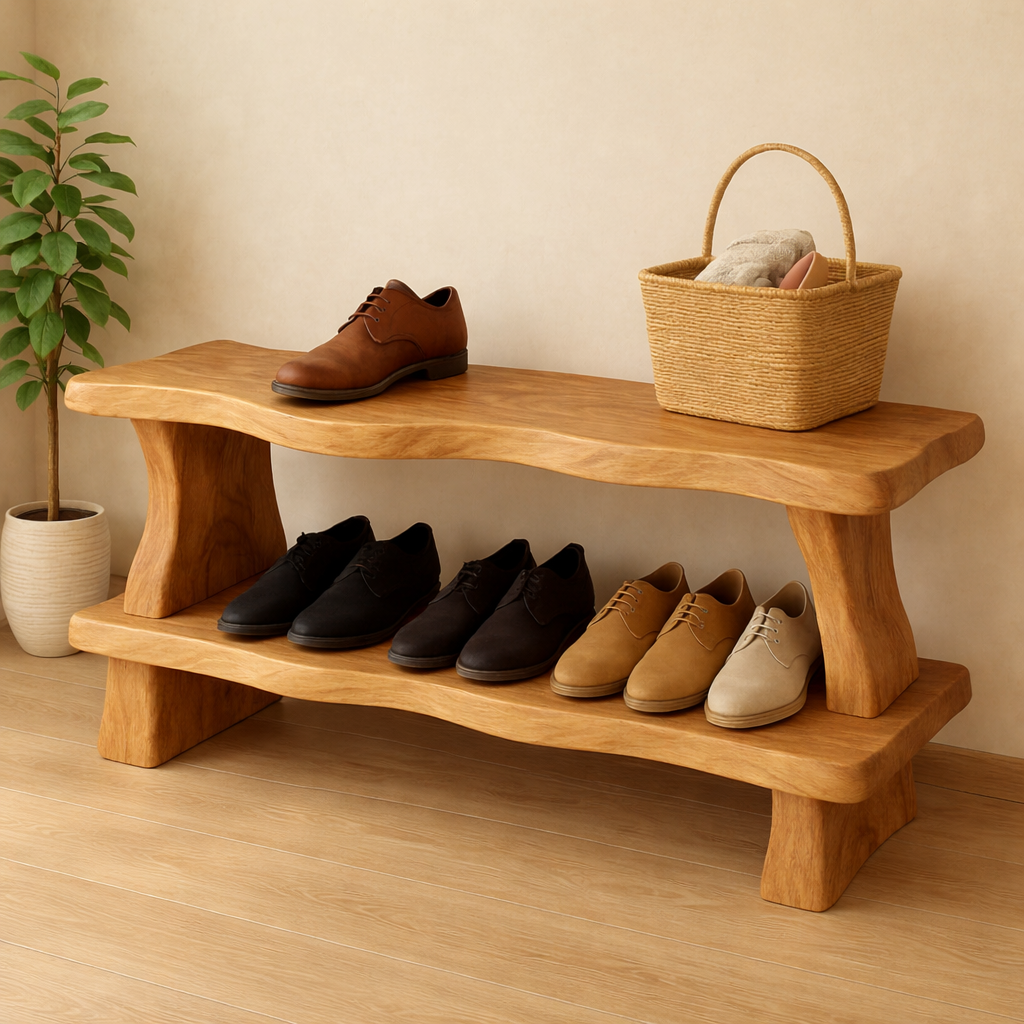 Rustic Wooden Shoe Storage Bench – Solid Wood Entryway Bench with Open Shelf - view 1 of 7