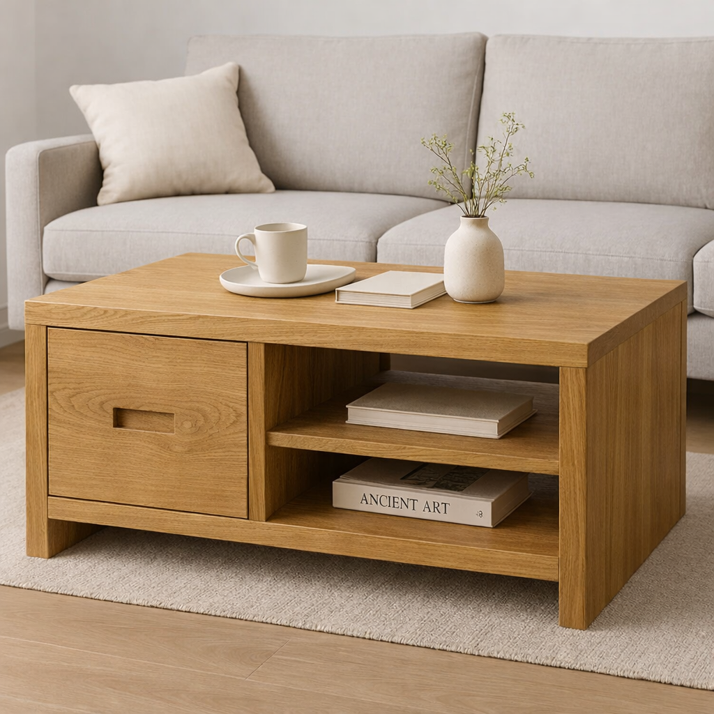 Solid Wood Coffee Table with Storage Drawer and Shelf – Modern Rustic Living Room Table - view 4 of 7