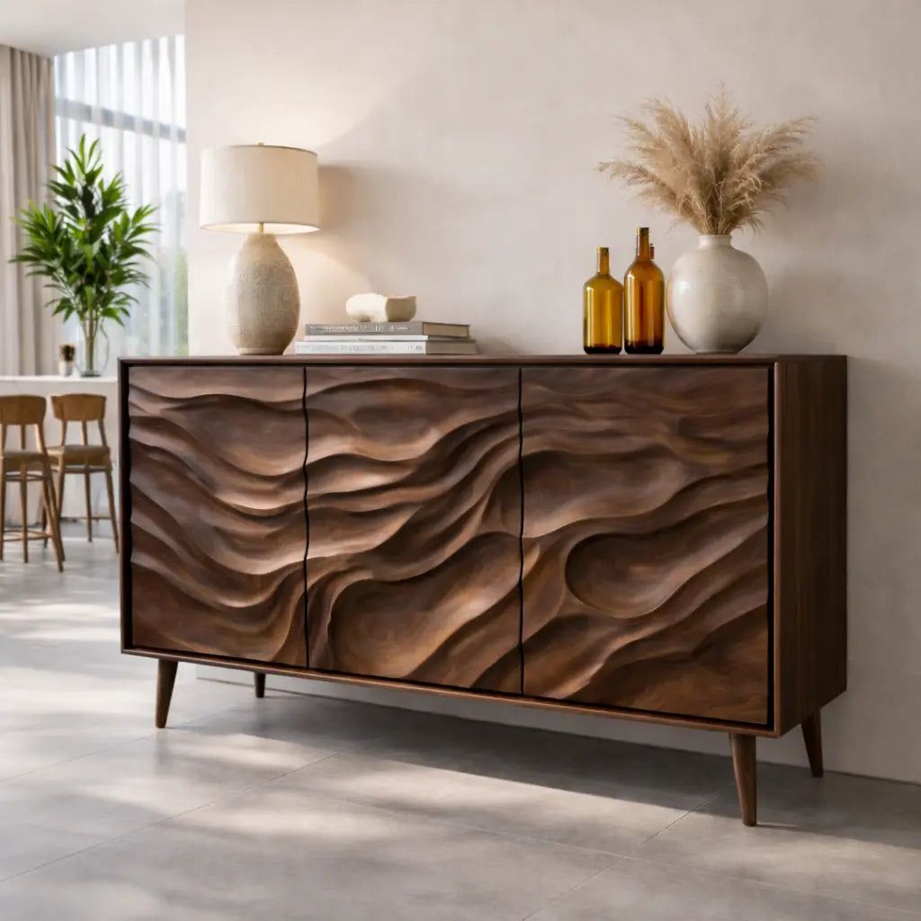 Solid Wood Console Table with Carved Wave Doors – Modern Sculptural Storage Sideboard - view 2 of 7