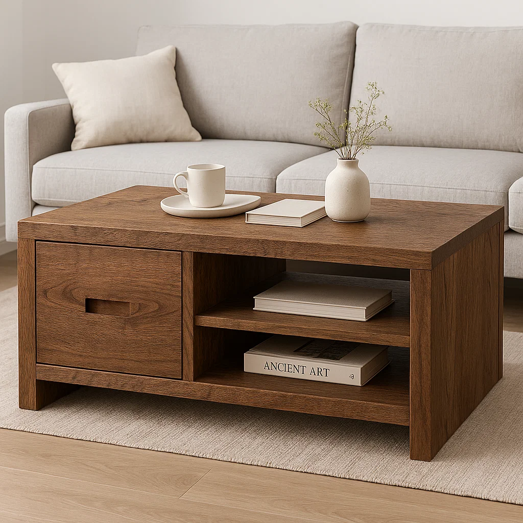 Solid Wood Coffee Table with Storage Drawer and Shelf – Modern Rustic Living Room Table - view 1 of 7