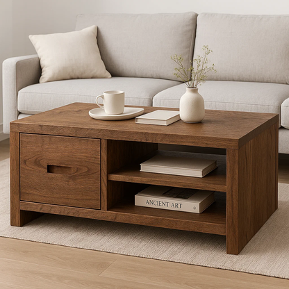 Solid Wood Coffee Table with Storage Drawer and Shelf – Modern Rustic Living Room Table - view 1 of 7