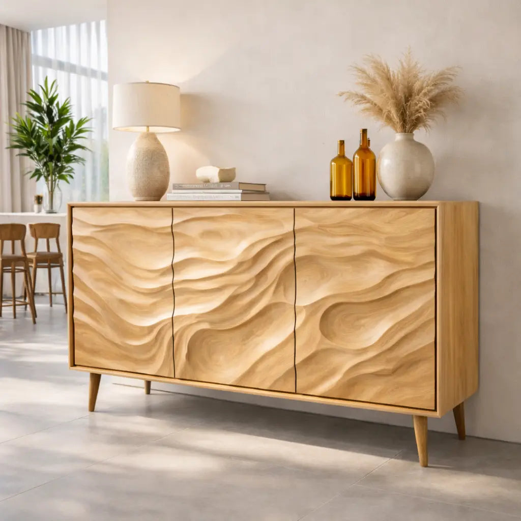 Solid Wood Console Table with Carved Wave Doors – Modern Sculptural Storage Sideboard - view 1 of 7