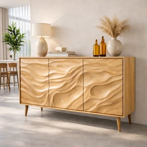 Solid Wood Console Table with Carved Wave Doors – Modern Sculptural Storage Sideboard - view 1 of 7