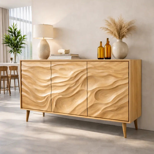 Solid Wood Console Table with Carved Wave Doors – Modern Sculptural Storage Sideboard - view 1 of 7