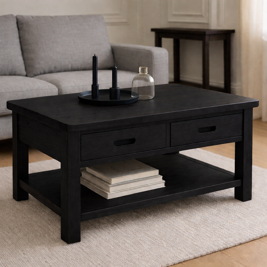 Solid Wood Coffee Table with 2 Drawers and Shelf – Modern Oak Living Room Coffee Table - view 2 of 7