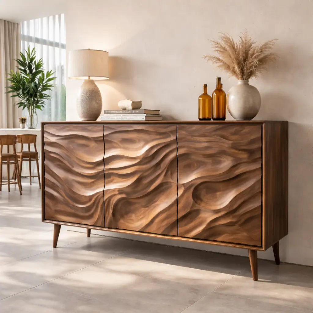 Solid Wood Console Table with Carved Wave Doors – Modern Sculptural Storage Sideboard - view 3 of 7