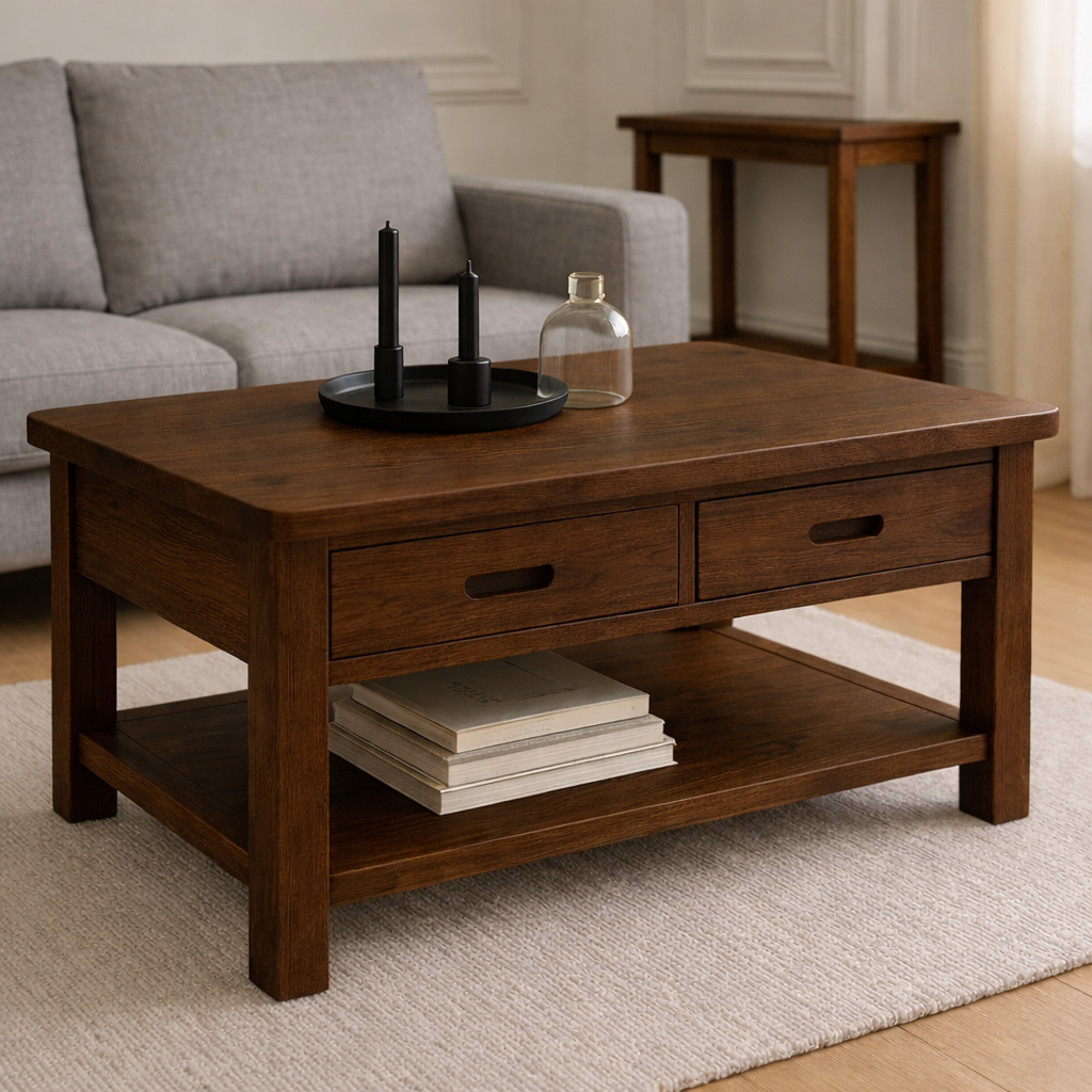 Solid Wood Coffee Table with 2 Drawers and Shelf – Modern Oak Living Room Coffee Table - view 3 of 7