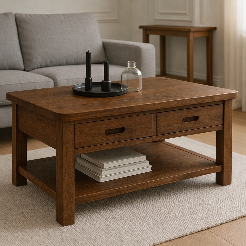Solid Wood Coffee Table with 2 Drawers and Shelf – Modern Oak Living Room Coffee Table - view 1 of 7