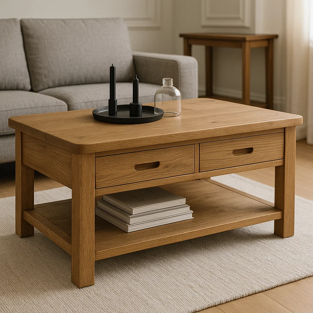 Solid Wood Coffee Table with 2 Drawers and Shelf – Modern Oak Living Room Coffee Table - view 4 of 7