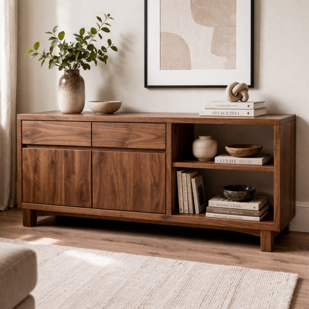 Solid Wood Console Cabinet with Drawers and Open Shelves - view 3 of 7