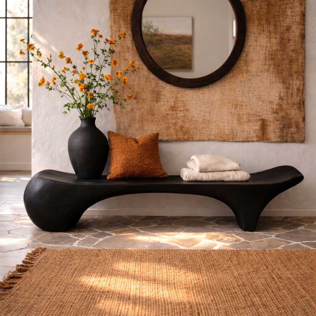 Sculptural Solid Wood Bench, Organic Modern Entryway Statement Seat - view 7 of 7