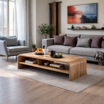 Solid Wood Waterfall Coffee Table with Open Shelf – Modern Minimalist Living Room Table - view 4 of 7