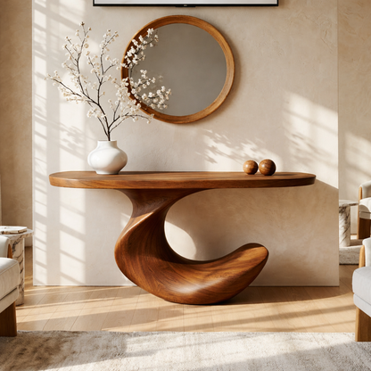 Solid Wood Console Table with Sculpted Curved Base, Modern Minimalist Design - view 2 of 7