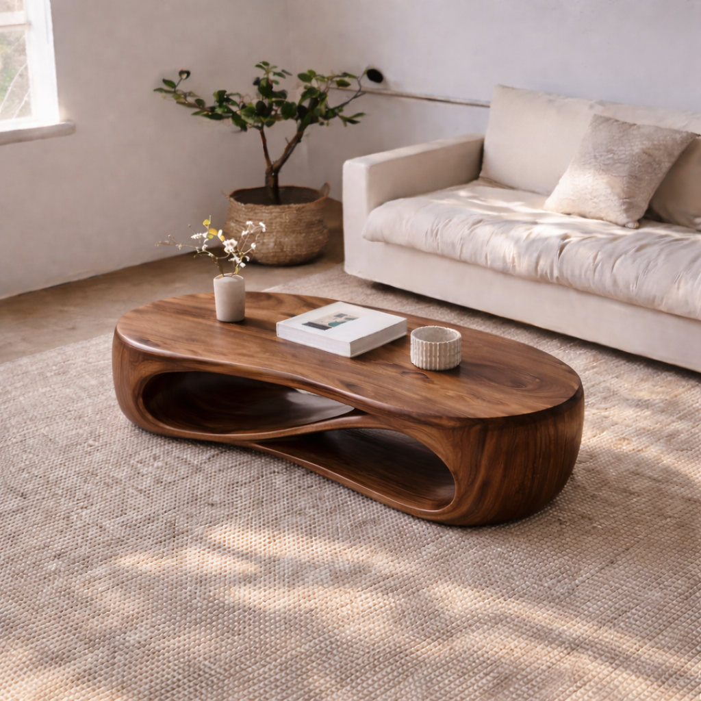 Solid Wood Sculptural Coffee Table with Curved Storage Shelf – Modern Living Room Table - view 1 of 7