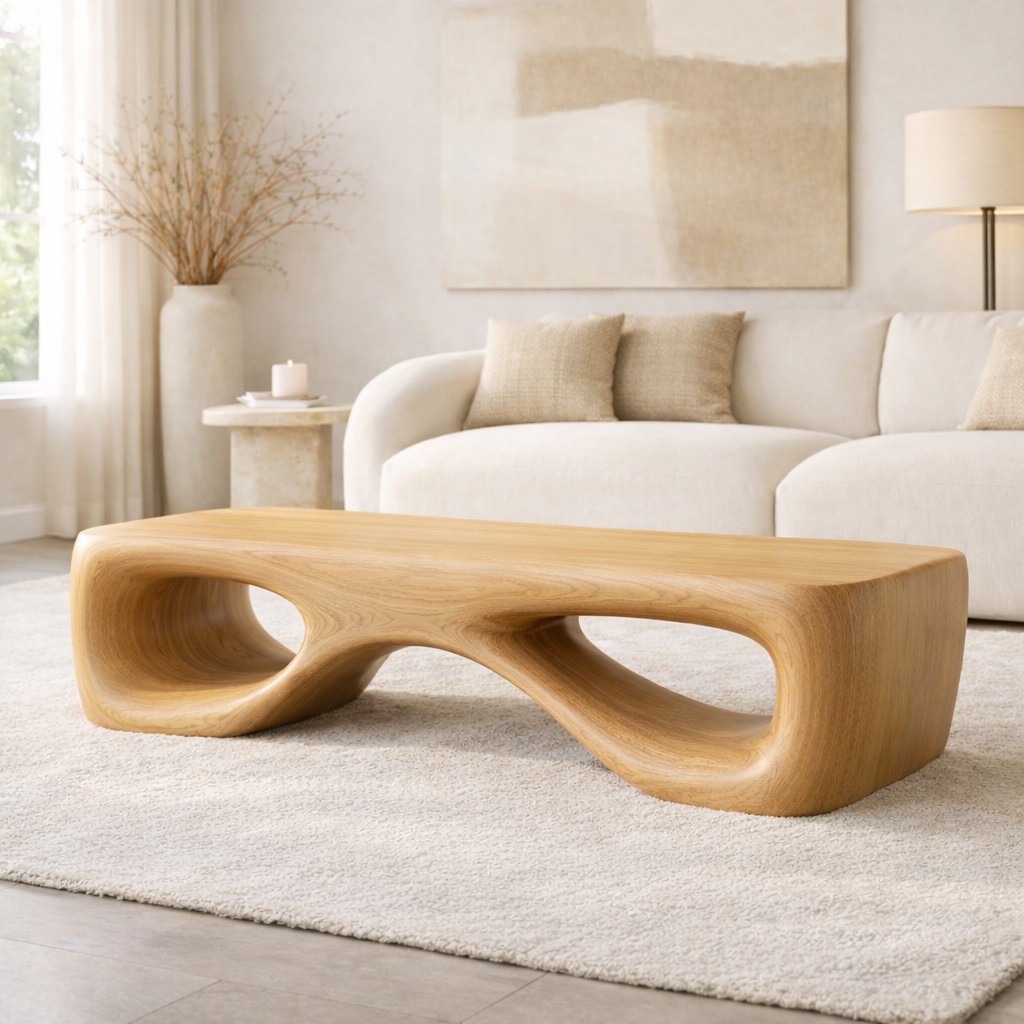 Modern Sculptural Wooden Entryway Bench, Curved Hallway Seating for Luxury Homes - view 1 of 7
