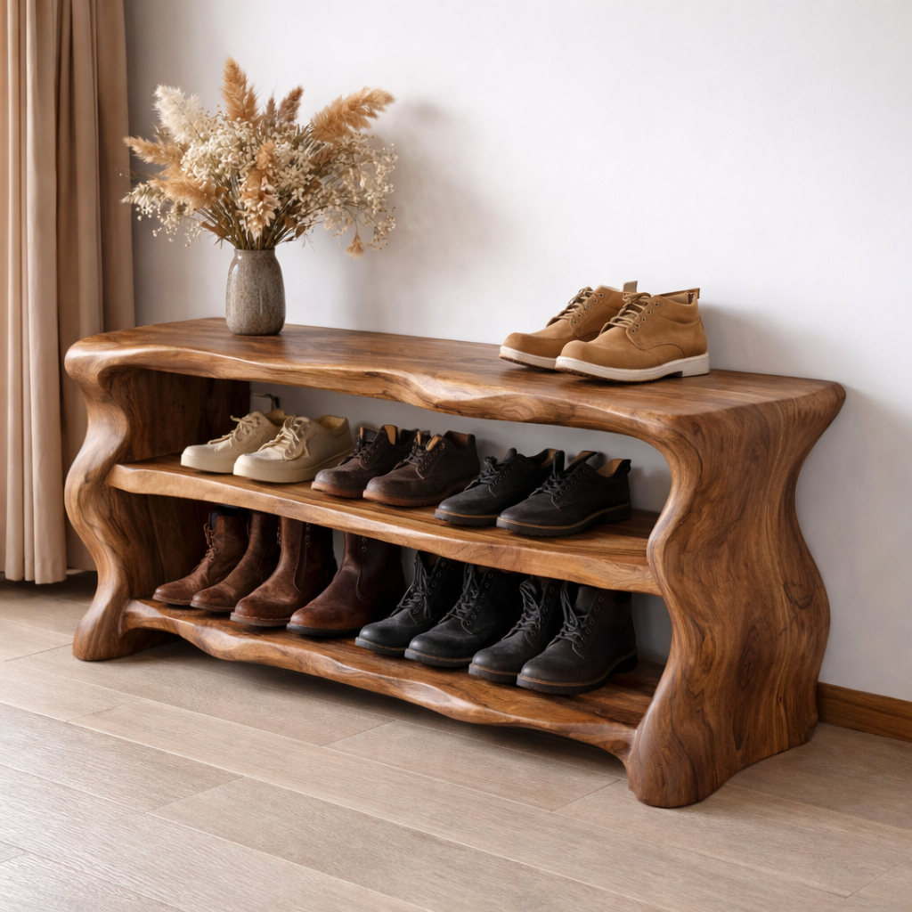 Solid Wood Entryway Bench with Shoe Storage – Rustic Live Edge Shoe Rack Bench - view 3 of 7