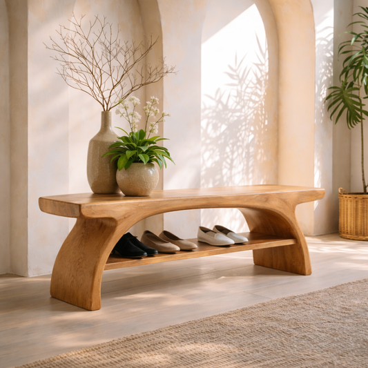 Sculptural Solid Wood Entryway Bench with Open Shoe Shelf - view 1 of 7