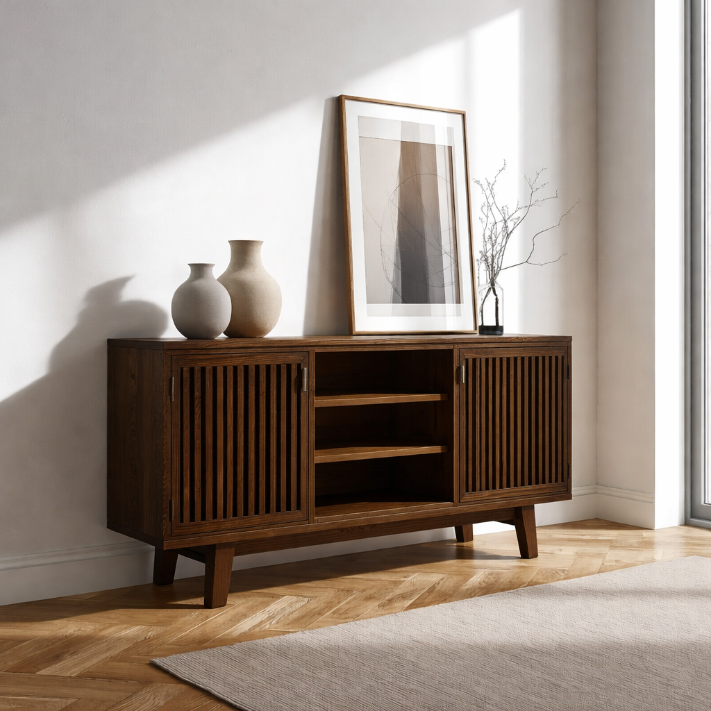 Modern Oak Console Cabinet with Vertical Slatted Doors – Stylish Storage for Living Room - view 2 of 7