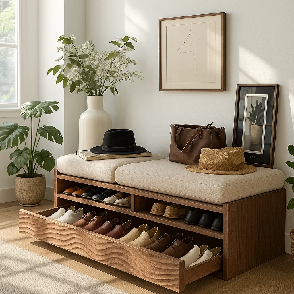 Solid Wood Entryway Bench with Storage Cubbies, Rustic Hallway Organizer Seat - view 4 of 7