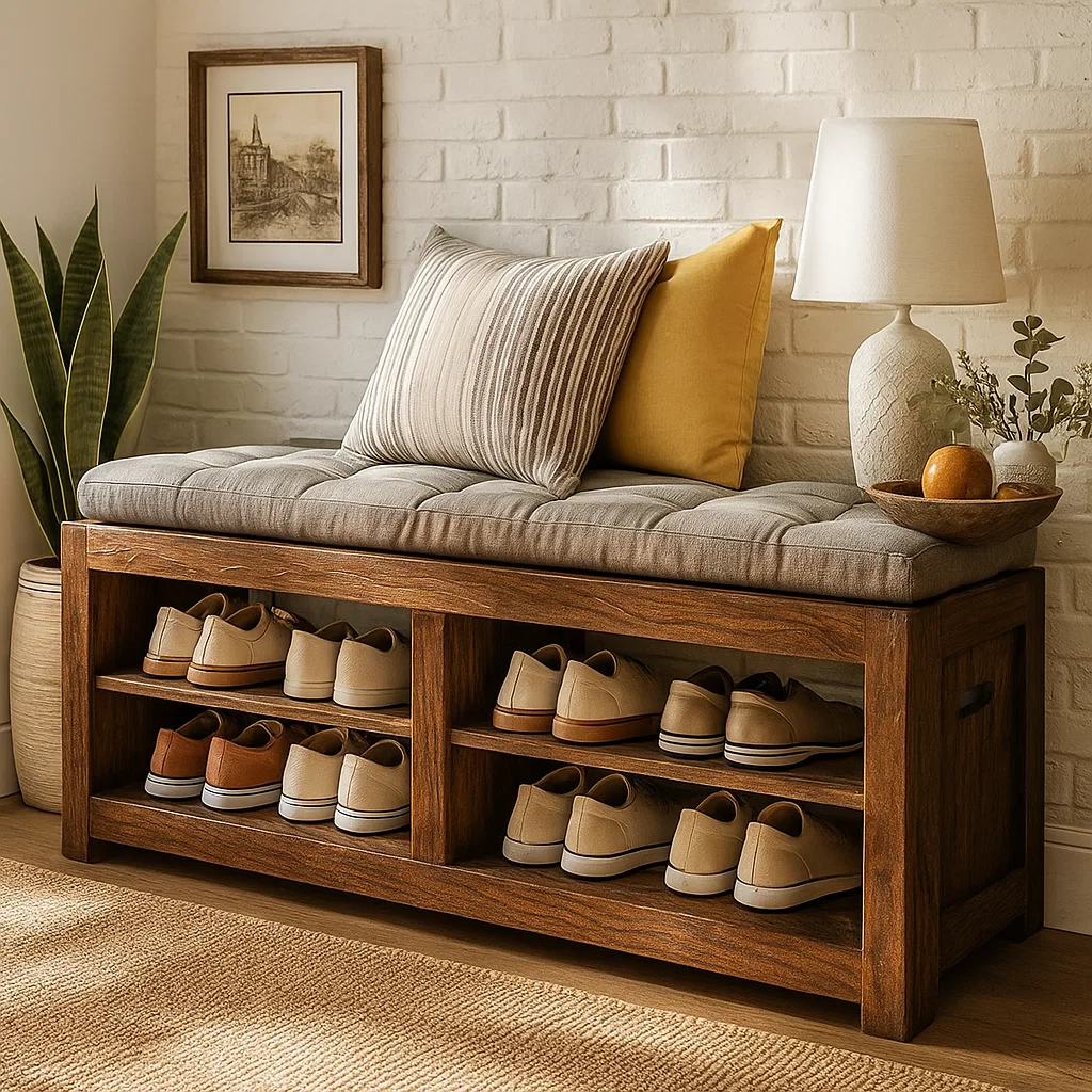 Solid Wood Entryway Bench with Shoe Storage Shelves, Rustic Hallway Organizer - view 1 of 7