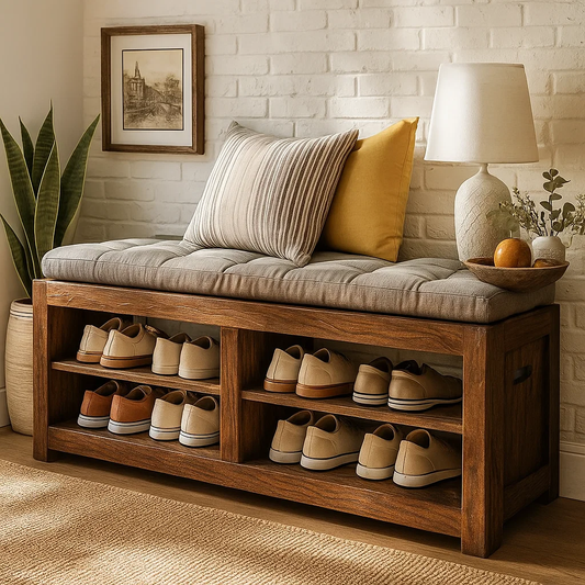 Solid Wood Entryway Bench with Shoe Storage Shelves, Rustic Hallway Organizer - view 1 of 7