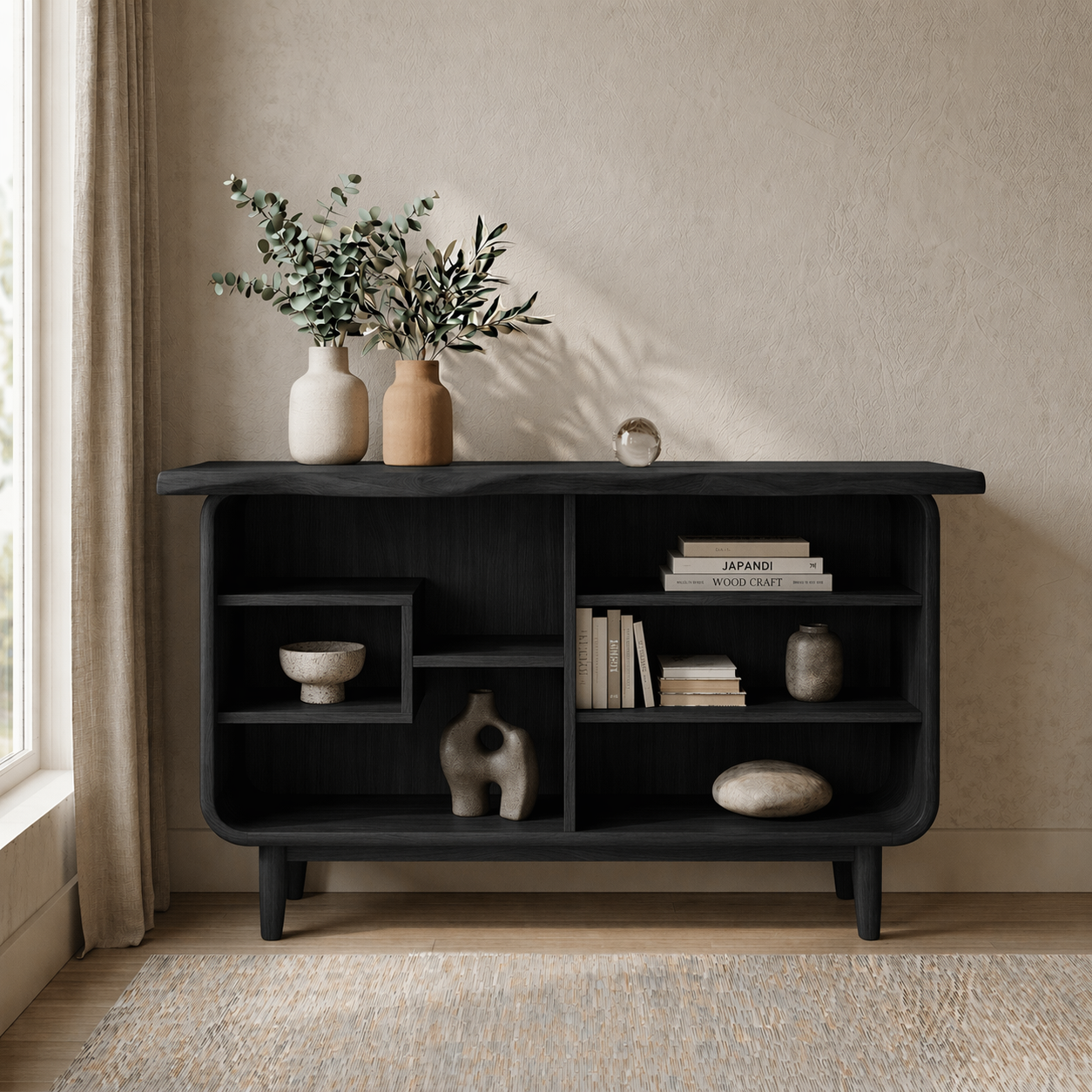 Solid Wood Console Cabinet with Open Shelves – Modern Rustic Storage Sideboard - view 4 of 7