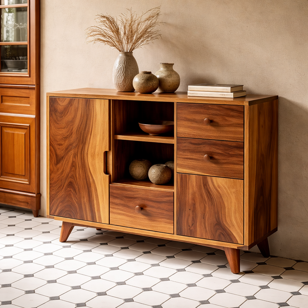 Solid Wood Console Cabinet - Mid-Century Modern Storage with Open Shelves - view 1 of 7