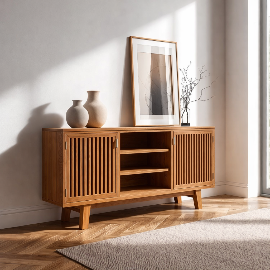 Modern Oak Console Cabinet with Vertical Slatted Doors – Stylish Storage for Living Room - view 3 of 7