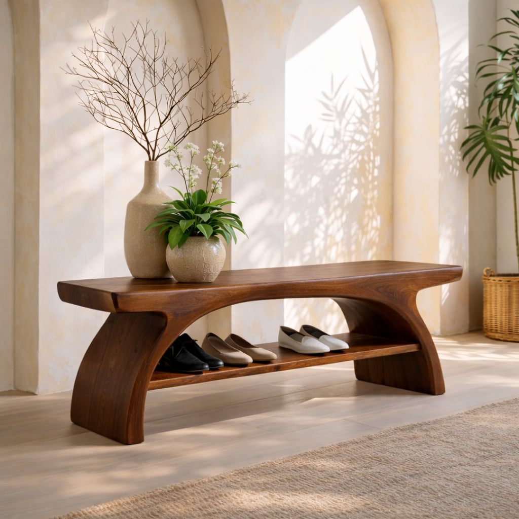 Sculptural Solid Wood Entryway Bench with Open Shoe Shelf - view 3 of 7