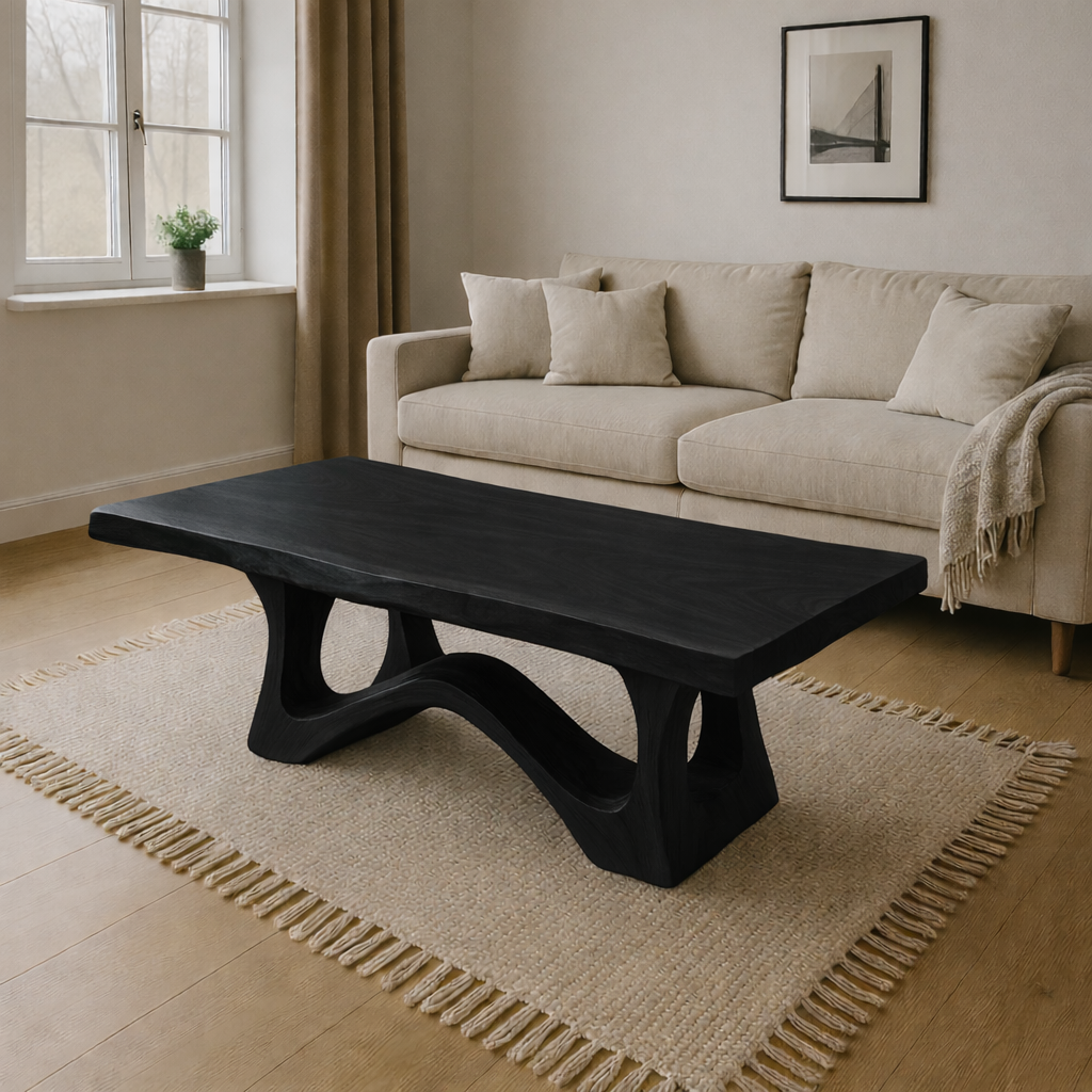 Modern Wooden Coffee Table with Curved Base – Solid Wood Living Room Center Table - view 2 of 7