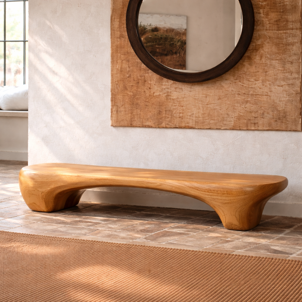 Organic Sculptural Solid Wood Bench, Modern Rustic Statement Seating - view 1 of 7