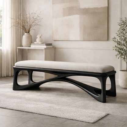 Modern Upholstered Wooden Entryway Bench, Sculptural Hallway Seating for Luxury Homes - view 4 of 7