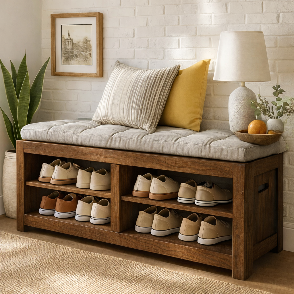 Solid Wood Entryway Bench with Shoe Storage Shelves, Rustic Hallway Organizer - view 6 of 7