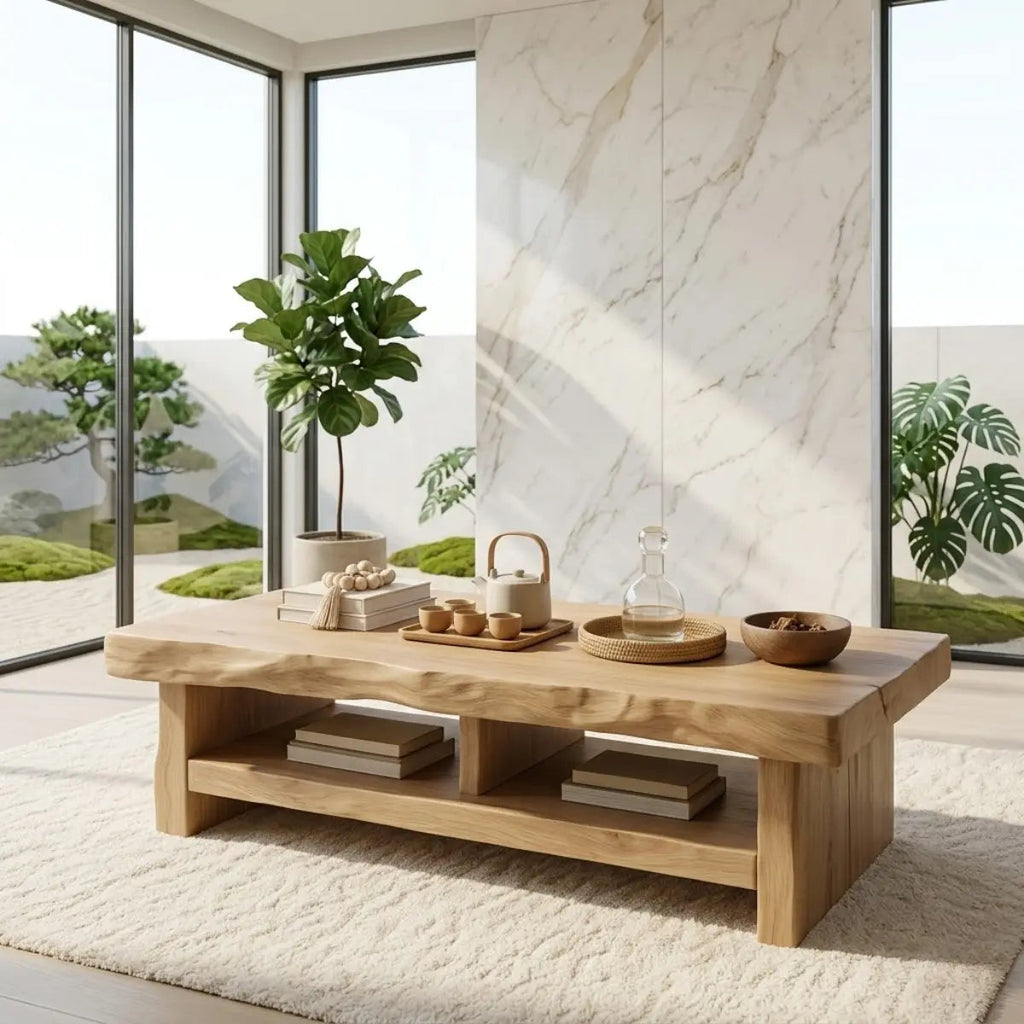 Rustic Solid Wood Coffee Table with Live Edge Top and Open Storage Shelf - view 1 of 7