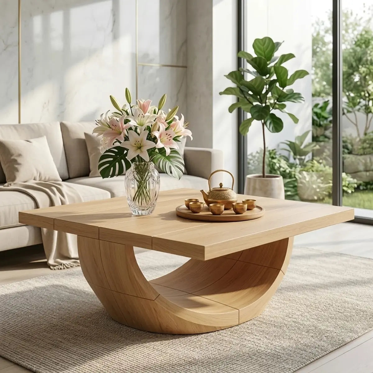 Unique Curved Wooden Coffee Table, Modern Minimalist Living Room Furniture - view 1 of 7