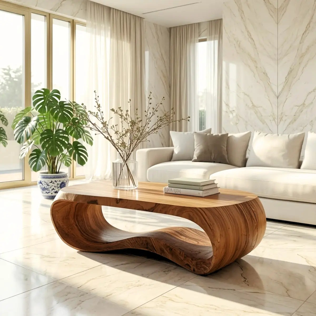 Contemporary Sculptural Wood Coffee Table with Curved Design - view 2 of 7